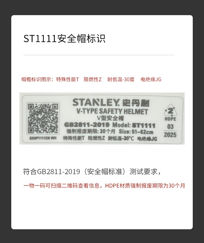 STANLEY史丹利ST1111專(zhuān)業(yè)級(jí)V型透氣HDPE安全帽2